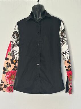 Whatlees Black Skull Floral Sleeve Button-Up Shirt Women’s XL Gothic streetwear
